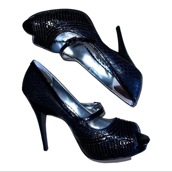 Sexy Naughty Monkey Open Toe 5” Stilettos black faux snake - Picture 4 of 11